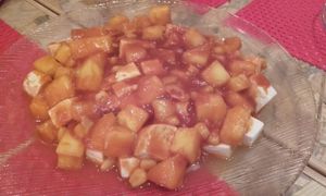 Bitterswett soft tofu with pineapple at Healthy Lovers in Madrid