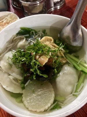 Dumpling soup with lots of fresh herbs  at Kang Le Restaurant in Siem Reap