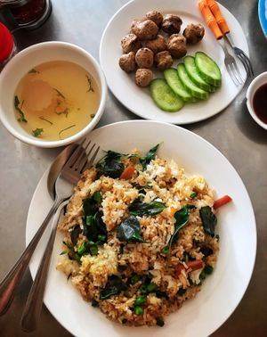 Basil fried rice ($US1.25) and meatballs (US$1.25) at Kang Le Restaurant in Siem Reap