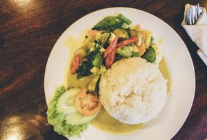 Green Thai Curry with steamed rice. at Yo Vegan in Phuket