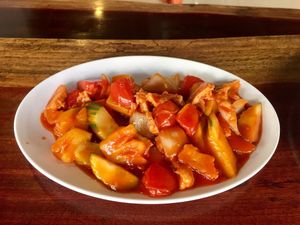 Stir fry curry veggies sweet & sour with chicken at Yo Vegan in Phuket