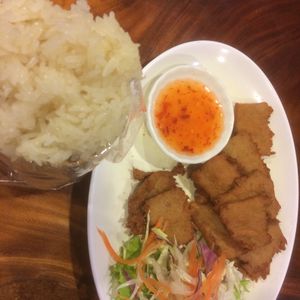 Fried pork with sticky rice at Yo Vegan in Phuket