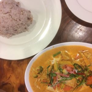Delicious red curry with chicken and brown rice at Yo Vegan in Phuket