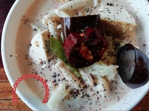 Galangal Soup with tofu, mushroom and cauliflower! It's warm my rainy day! at Yo Vegan in Phuket