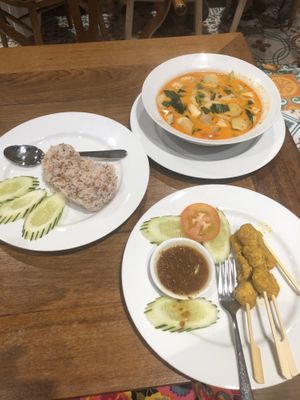 Rice, spicy mushroom soup & grilled tofu with curry paste- so delicious and full of flavour! at Yo Vegan in Phuket