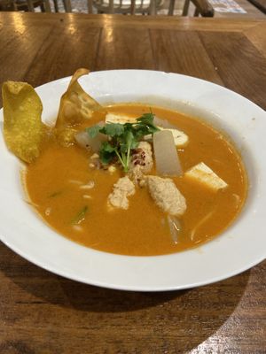 150 Bhat Spicy Soup with Tofu and Mock Meat. Delicious  at Yo Vegan in Phuket