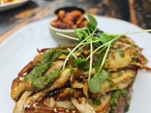 Miso mushrooms with added house beans at Earthy Eats in Launceston