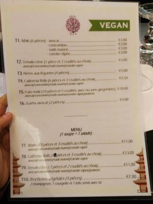 Menu vegan at Sakura in Paris