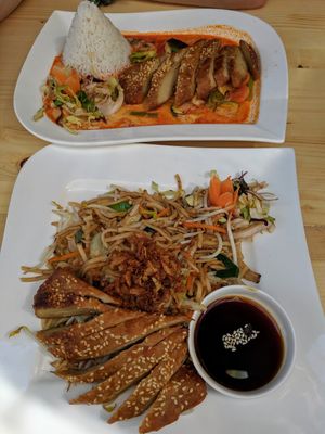 Vegan red curry and fried noodles with delicious mock duck at Vegan Express in Leipzig