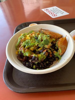 Bowl with carnitas  at Oasis Vegetarian Cafe in Riverside