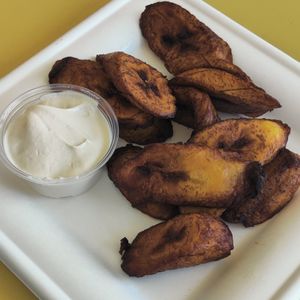 Plantains with v sour cream at Oasis Vegetarian Cafe in Riverside