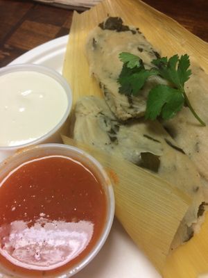 Spinach tamales with organic masa at Oasis Vegetarian Cafe in Riverside