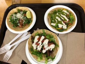 Left to right: Jacked taco, Carnitas taco, Zucchini taco (my favorite) at Oasis Vegetarian Cafe in Riverside