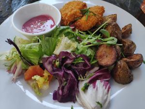 Cashew mozzarella (fried) with potatoes at Die Küche in Brno