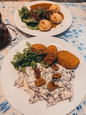 Vegan “duck” and nuggets with potato salad  at Die Küche in Brno