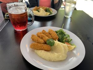 Fishless fingers main, just what we needed, comfort food for sure!!   at Die Küche in Brno