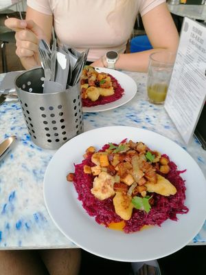 Czech meal, dumplings with red cabbage and tempeh at Die Küche in Brno