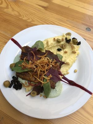 Seitan chicken steak with blue cheese sauce and mashed potatoes. at Die Küche in Brno