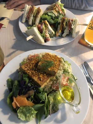 club sandwich and tofu ala salmon with couscous  at Die Küche in Brno