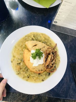 potato pies filled with robi meat, zucchini cabbage and fried onion - daily menu treat😄 at Die Küche in Brno