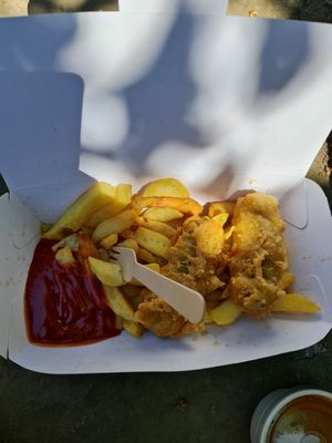 Battered sausages at Robertson's Chips Away in Whitby