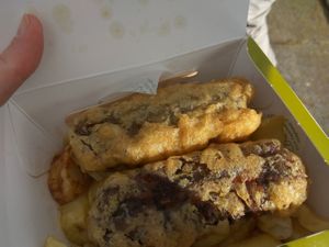 Veggie sausage supper and chips at Robertson's Chips Away in Whitby