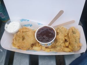 Pea fritter - left   Veggie sausages- right at Robertson's Chips Away in Whitby