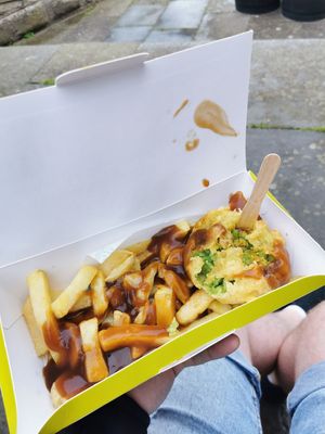 Mushy pea fritter and chips (highly recommend) at Robertson's Chips Away in Whitby