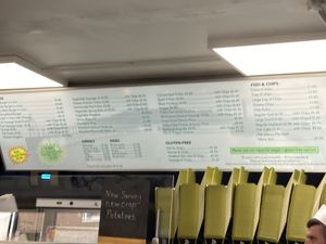 Main menu with prices  at Robertson's Chips Away in Whitby
