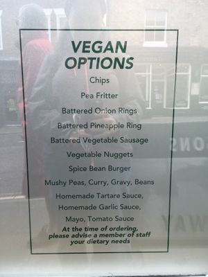 Vegan menu Sept 2022  at Robertson's Chips Away in Whitby