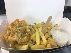 Pea fritter, chips & tartare sauce - it was lovely!   at Robertson's Chips Away in Whitby