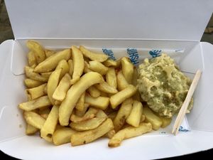 Chips and pea fritter   at Robertson's Chips Away in Whitby
