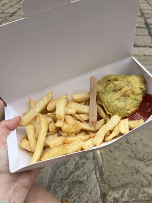 Pea fritter and chips  at Robertson's Chips Away in Whitby