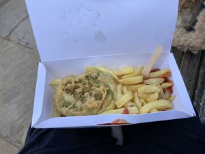 Pea fritter and chips   at Robertson's Chips Away in Whitby