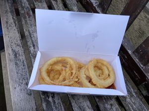 Onion rings (they were massive)   at Robertson's Chips Away in Whitby