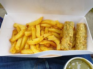 Battered vegan sausages, chips and mushy peas at Robertson's Chips Away in Whitby
