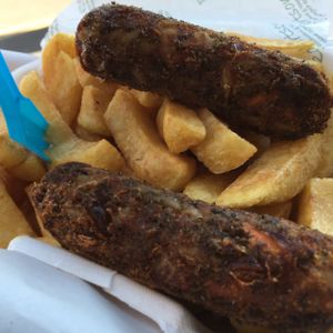sausage & chips  at Robertson's Chips Away in Whitby