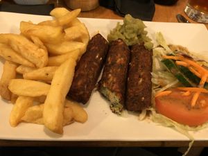 Chips and sausages at Robertson's Chips Away in Whitby