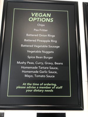 Vegan menu  at Robertson's Chips Away in Whitby