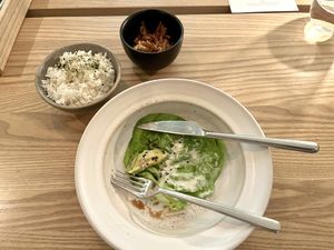 Jasmine rice in salad leaves with deep fried onions, ginger, nashi pear, wasabi #Veganuary at Rutabaga in Stockholm