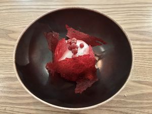 Baked hallonberry, vanilla cream, filo pastry, apple sorbet #Veganuary at Rutabaga in Stockholm