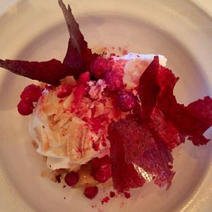 Vegan coconut dessert with dulce de leche and raspberries  at Rutabaga in Stockholm