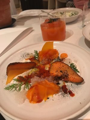 4 way carrot, smoked and grilled, purée and a carrot drink  at Rutabaga in Stockholm