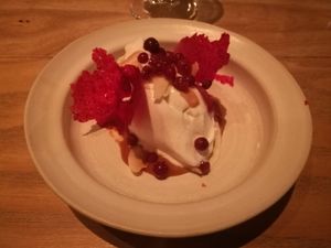 Large vegan set menu #1, second dessert: coconut ice cream with lingonberry at Rutabaga in Stockholm