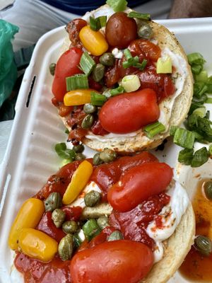 Bagel w vegan cream cheese and “lox” - yummy!  at Mockingbird Cafe & Bakery in Christiansburg