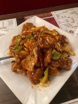 Vegan orange chickenn  at Hong Kong Chop Suey in Hanford