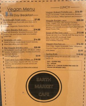 Vegan menu   at Earth Market Cafe in Warragul