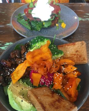 Nourish Bowl with Tofu/Corn Fritters at Earth Market Cafe in Warragul