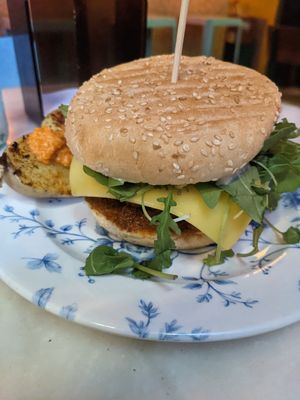 "No pollo" burger - tofu, dried tomatoes, cheese, and other good stuff at Jonny Aldana in Barcelona