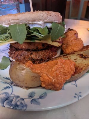 "No pollo" burger - tofu, dried tomatoes, cheese, and other good stuff at Jonny Aldana in Barcelona